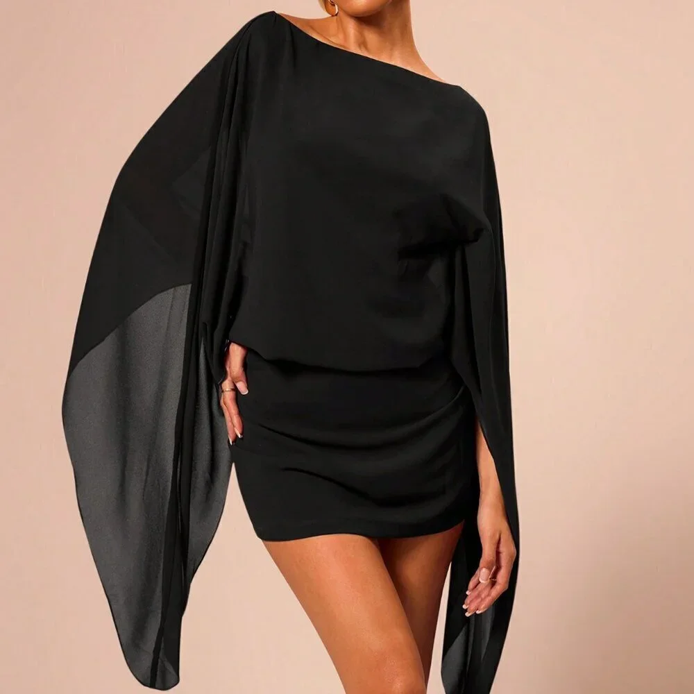 Black Party Women's Boat Neck Draped Sleeve Slouch Mini Dress